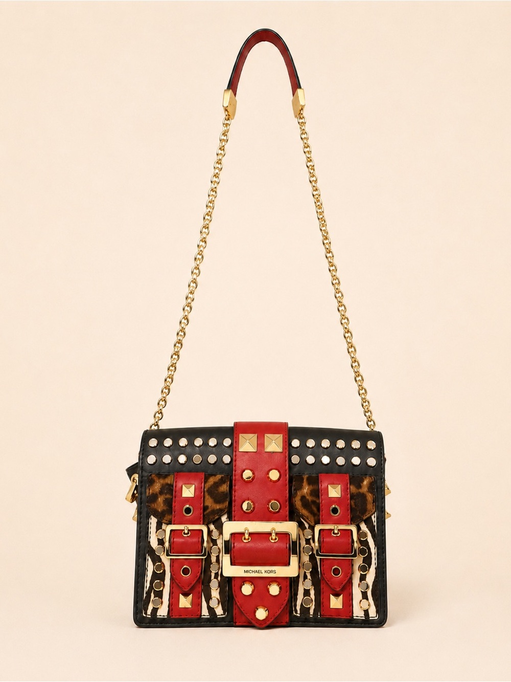Michael Kors Studded Animal Print Chain Crossbody Bag Red Black